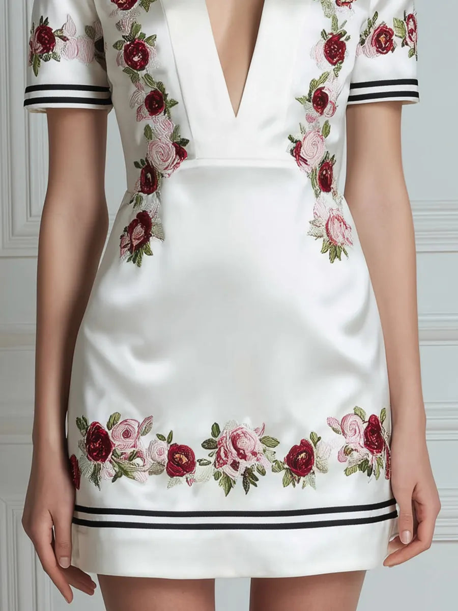 Deep V-Neck Floral Embroidered Contrast Trim Mini Dress