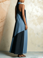 Color-Block Denim Halter Maxi Dress Sleeveless
