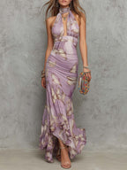 Boho Elegance Printed Halter Neck Ruffle Hem Maxi Dress