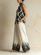 Black & White Ikat Print Pleated Sleeveless Top & Dip-Dye Wide-Leg Pants Set