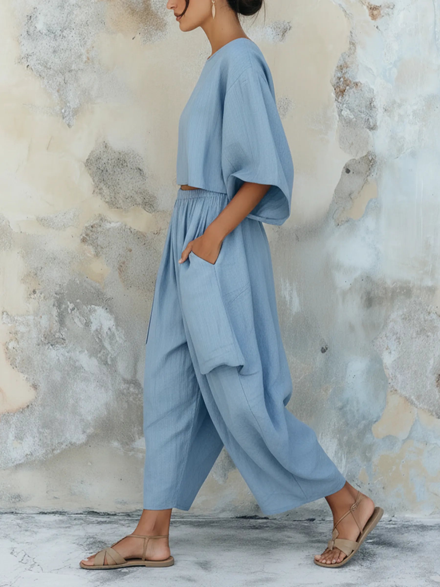 Light Blue Cotton Linen Two Piece Set - Loose Crop Top & Wide Leg Pants