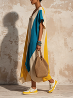 Color-Block Caftan Maxi Dress With Split Hem & Side Pockets