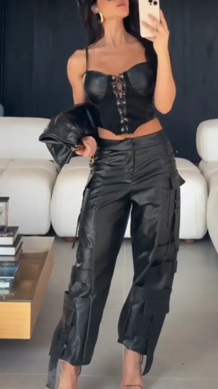 Black Faux Leather Corset & Cargo Pants Set