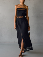 Black Off Shoulder Cotton Linen Midi Dress With Hollow Lace Trim