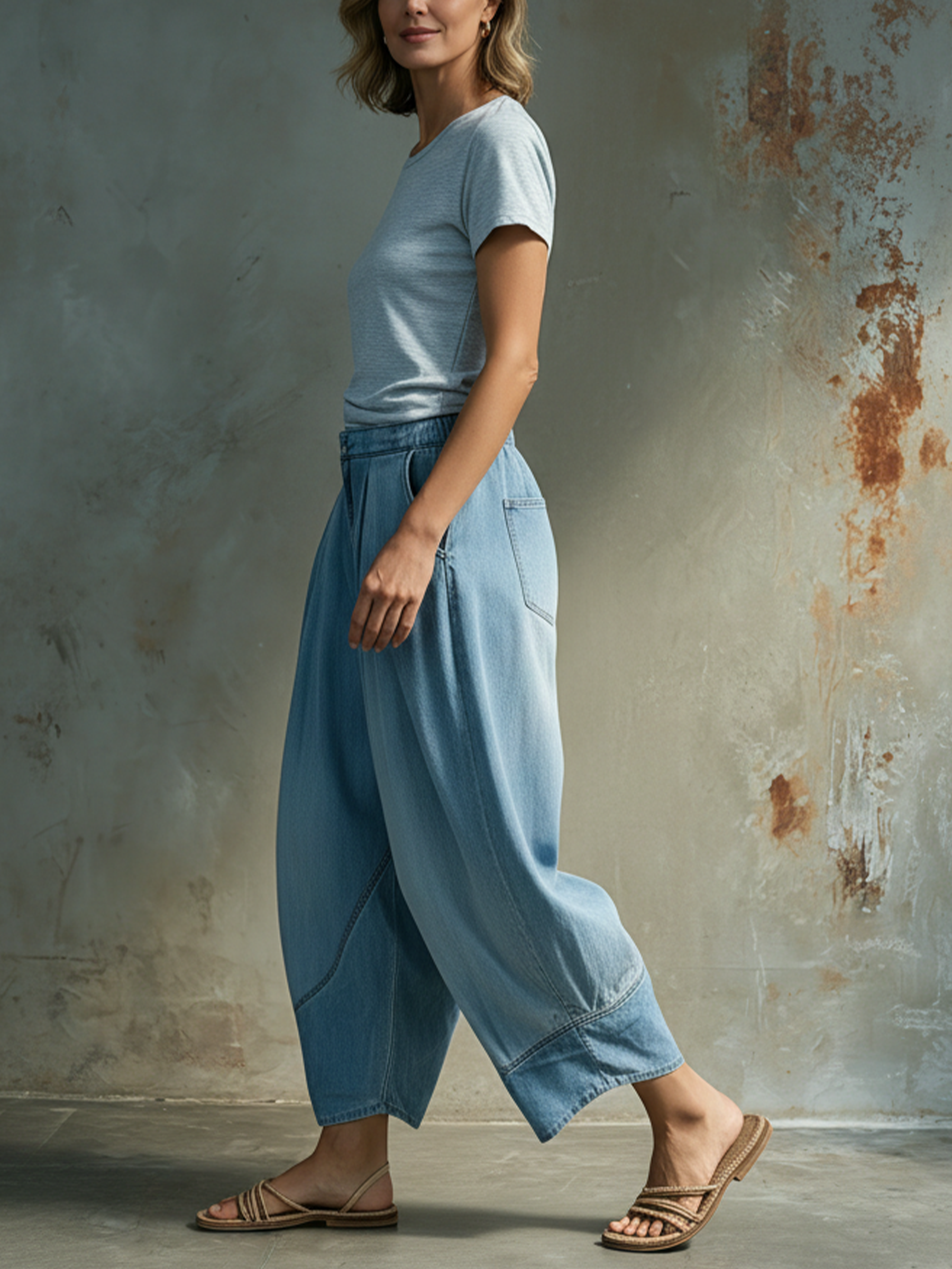 Light Blue Washed Denim Barrel Leg Cropped Jeans