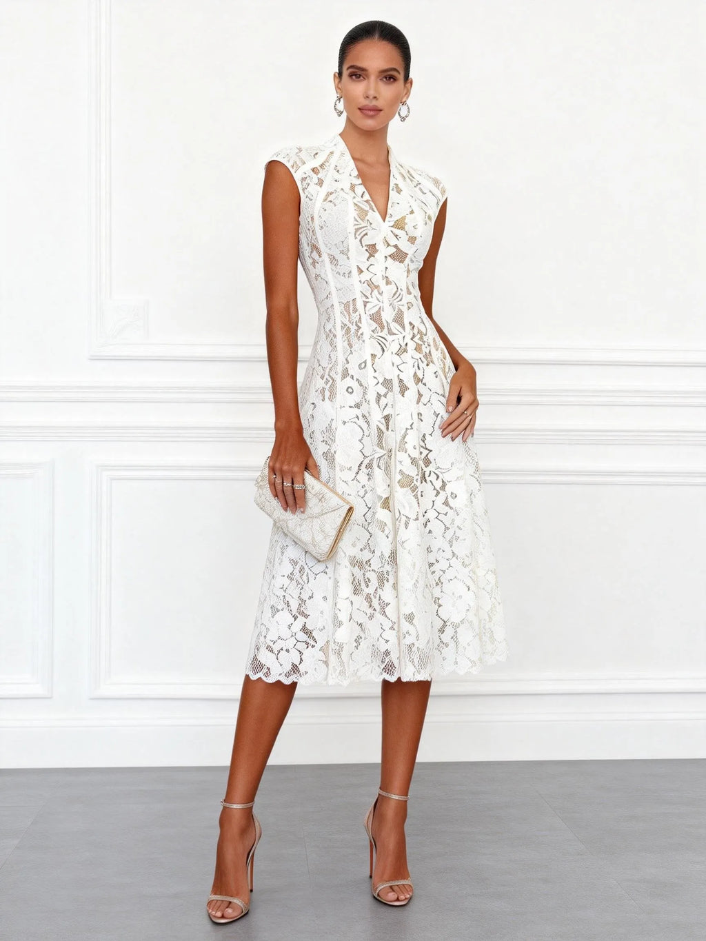 White Lace V Neck Sleeveless A-Line Midi Dress
