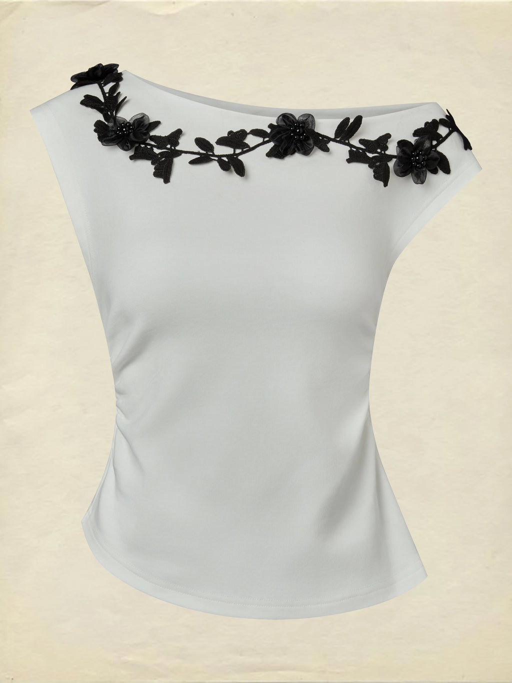 Cotton Knit Tee, Short Sleeves, Plain, 3D Floral, French Vintage, Ivory