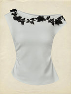 Cotton Knit Tee, Short Sleeves, Plain, 3D Floral, French Vintage, Ivory