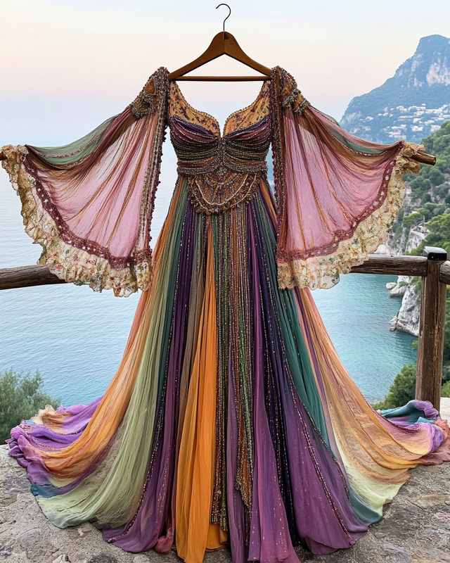 Elegant contrast color vacation rainbow maxi dress 79d6
