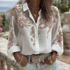 Women's Pink Flower Embroidery Art Long Sleeve Linen Blend Shirt