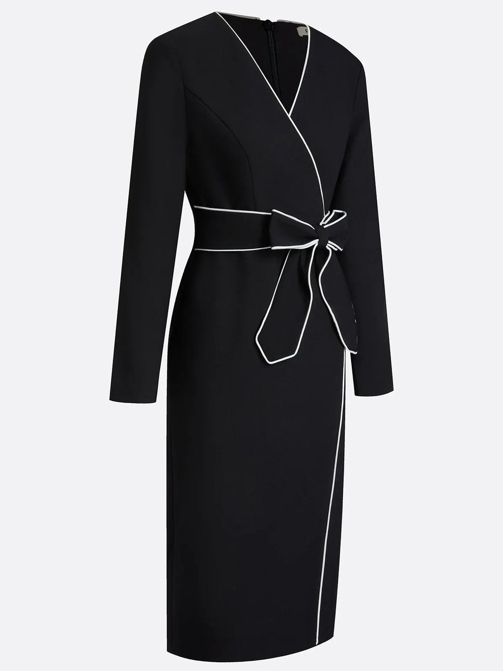 Black Piping Bow Classic V Neck Long Sleeve Sheath Midi Dress