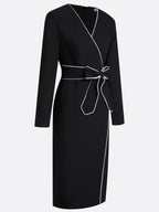 Black Piping Bow Classic V Neck Long Sleeve Sheath Midi Dress