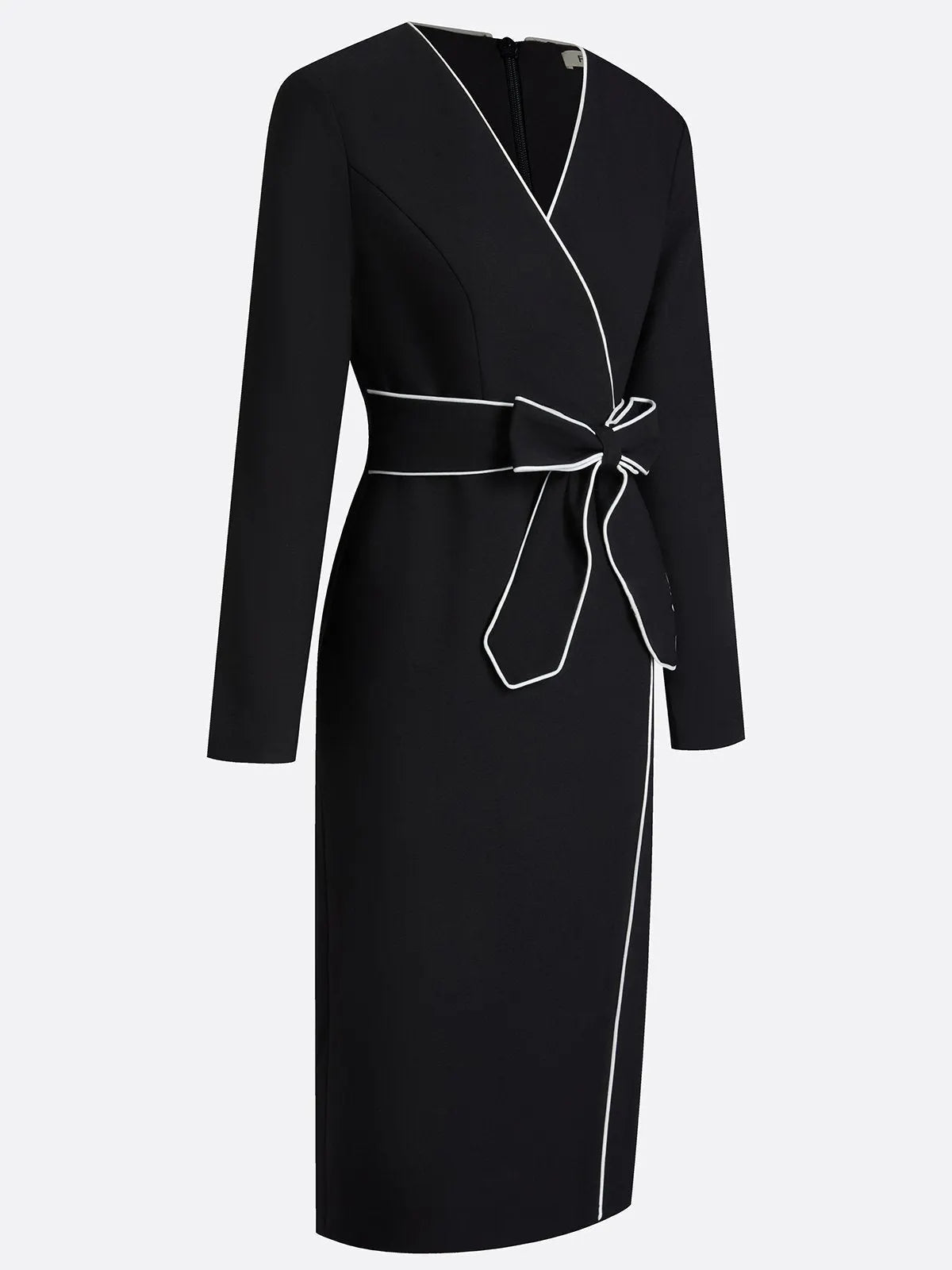 Black Piping Bow Classic V Neck Long Sleeve Sheath Midi Dress