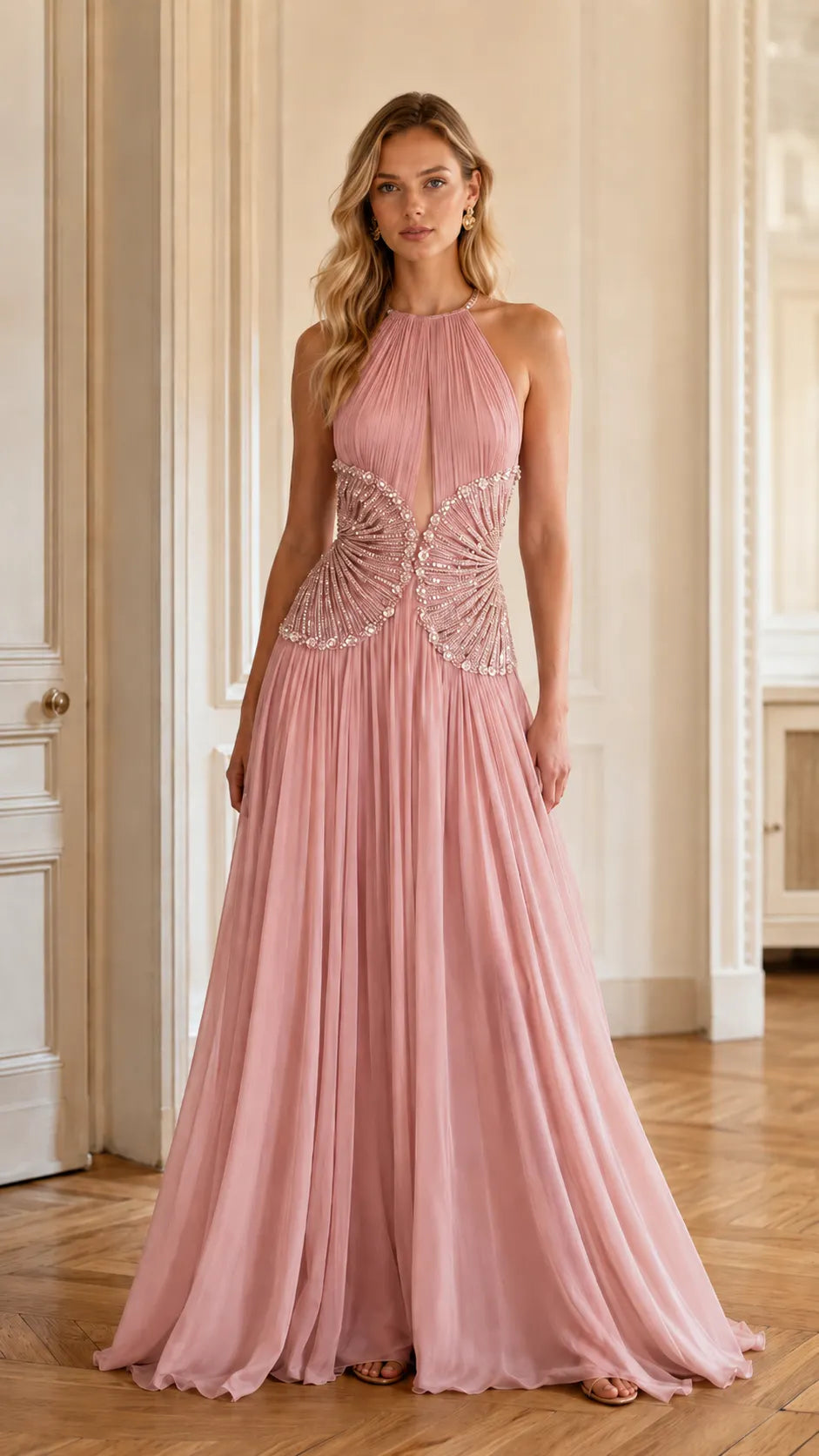 Taupe Halter Beaded Pleated Tulle Gown