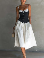 Colorblock Cami Top And White Denim Midi Skirt Set