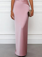 Pink Satin One Shoulder Sleeveless Sheath Gown Dress