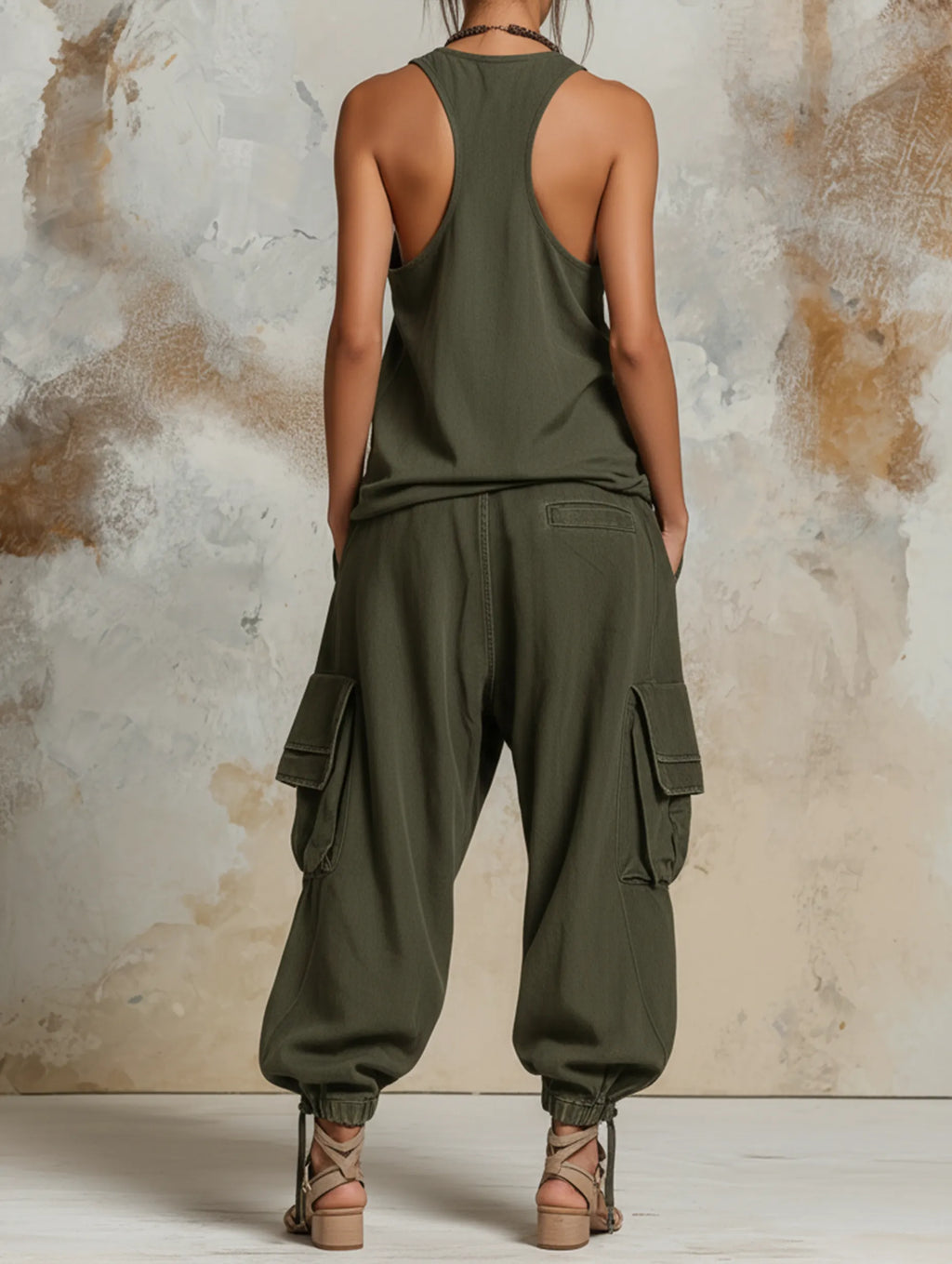 Relaxed Cargo Denim Set Drawstrings At The Cuffs
