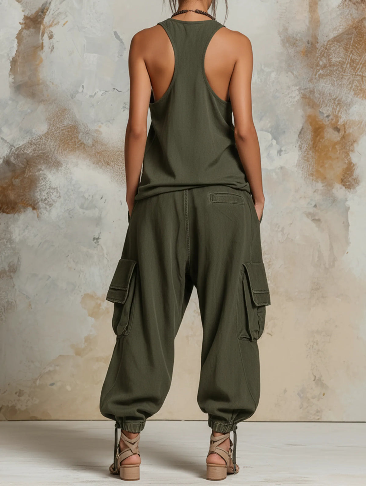 Relaxed Cargo Denim Set Drawstrings At The Cuffs