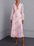 Pink Floral Tulle V Neck Long Sleeve Balloon Sleeve A-Line Midi Dress