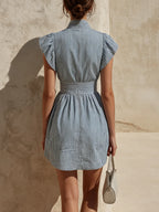 Blue & White Striped Ruffle Sleeve Zip-Front Mini Dress