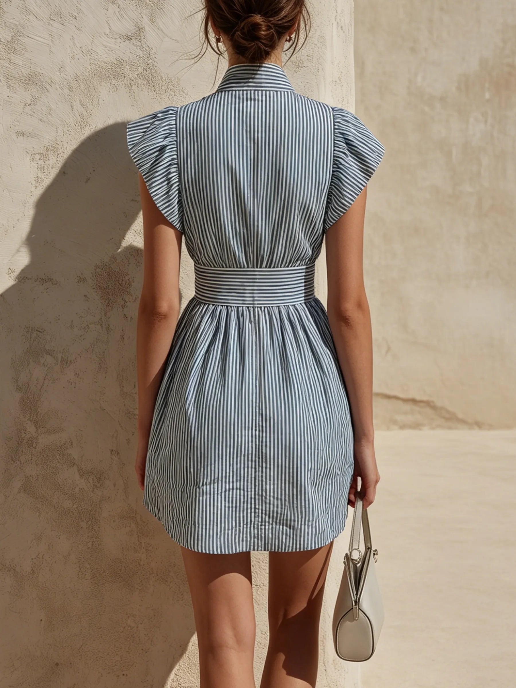 Blue & White Striped Ruffle Sleeve Zip-Front Mini Dress