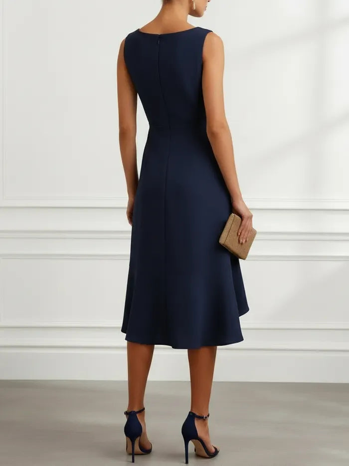 Navy Blue Asymmetric Ruffled Classic Boat Neck Sleeveless A-Line Midi Dress