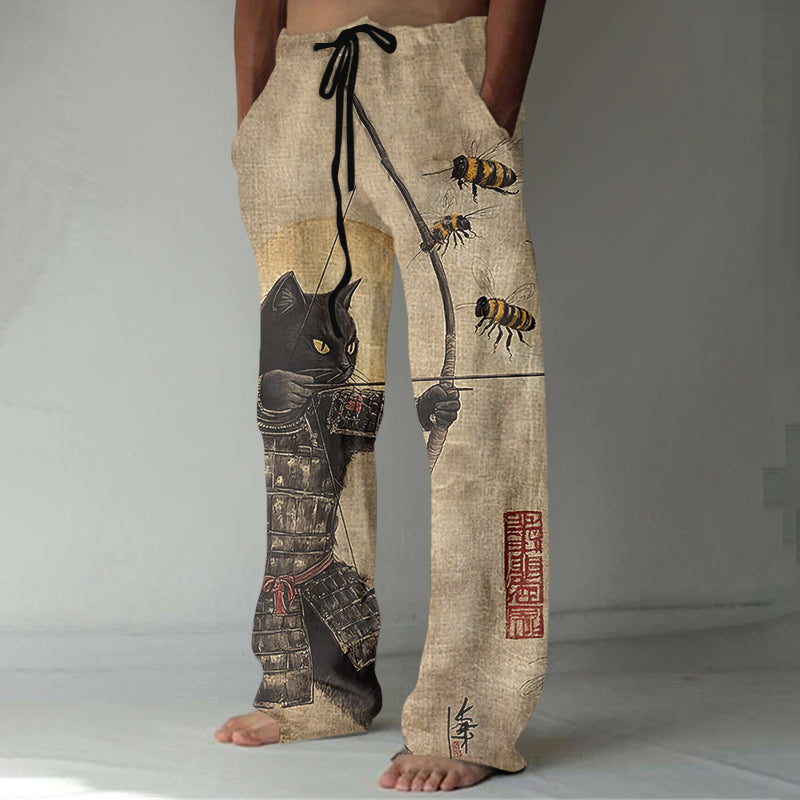 Men's Black Cat Tribal Warrior Japanese Kyudo Print Linen Pants