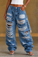 Graffiti Ripped Wide Leg Denim Jeans