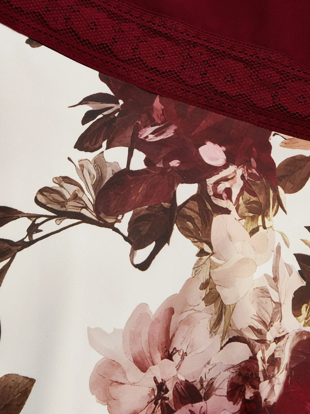 Wine Red Lace Floral Satin V Neck Short Sleeve A-Line Maxi Dress