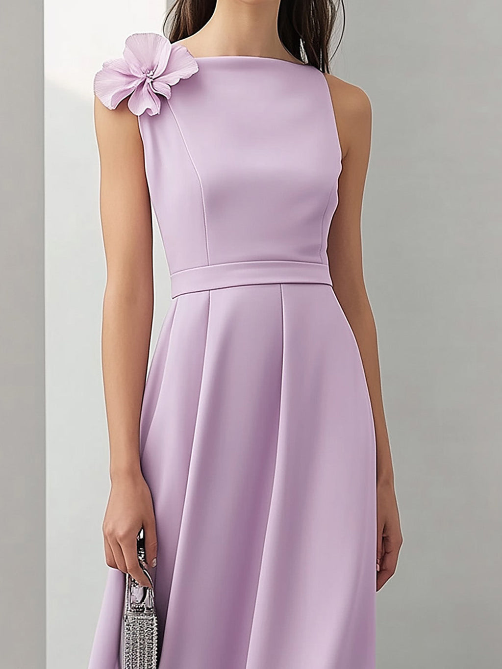 Elegant Lilac Satin Dress with 3D Shoulder Flower