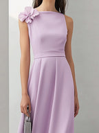 Elegant Lilac Satin Dress with 3D Shoulder Flower