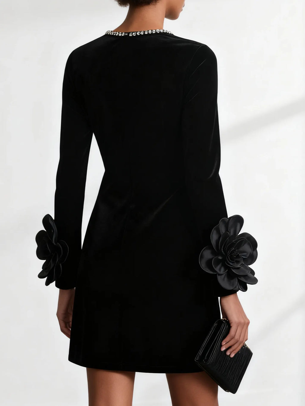 Black 3D Floral Rhinestone Velvet Crew Neck Long Sleeve Sheath Mini Dress