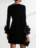 Black 3D Floral Rhinestone Velvet Crew Neck Long Sleeve Sheath Mini Dress