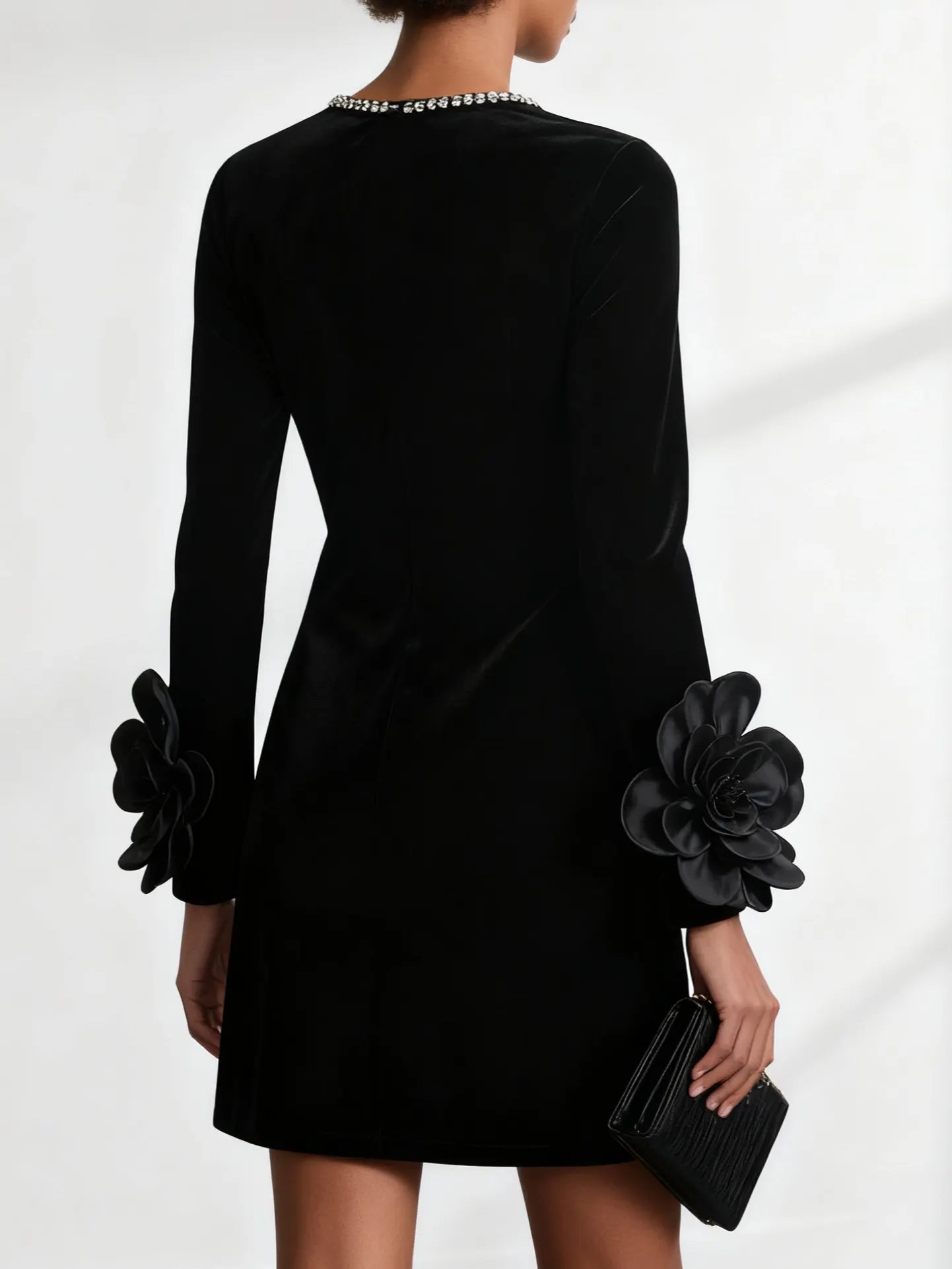 Black 3D Floral Rhinestone Velvet Crew Neck Long Sleeve Sheath Mini Dress