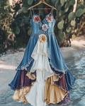 Summer Irregular Ruffle Denim Lace Patchwork Dress f704