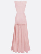 Pink Pleated Classic Boat Neck Sleeveless A-Line Floor-length Gown Dress