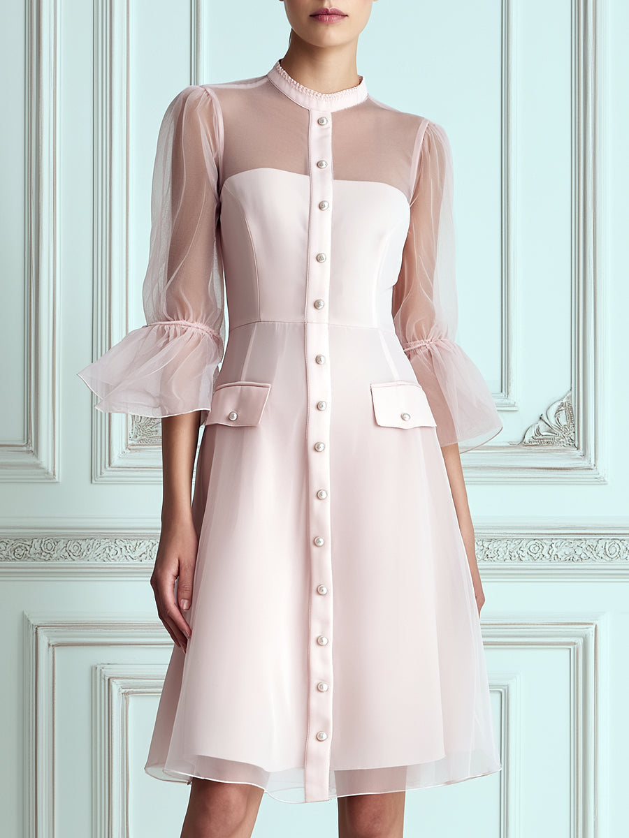 Blush Pink Sheer Flared 3/4‑Sleeve A‑Line Midi Dress