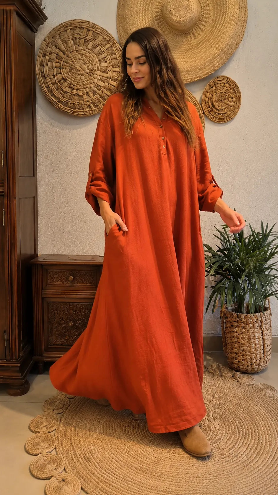 Terracotta Long Linen Cover-Up Dress