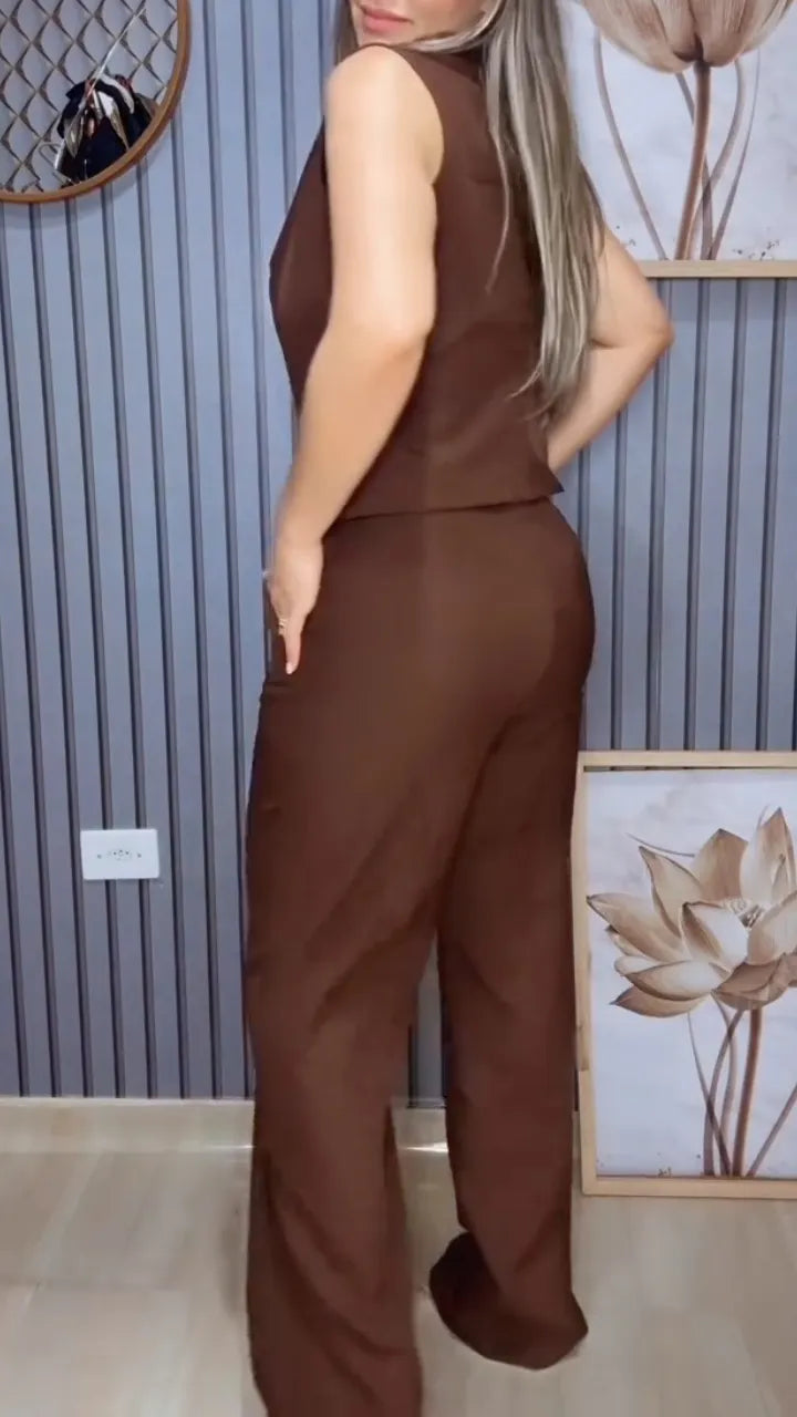 Sleeveless Vest & Wide Leg Pant Two‐Piece Suit