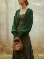 Midi Linen Dress, Long Sleeves, Square Neck, Paisley, Vintage, Green