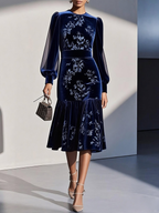 Black Mesh Jacquard Velvet Crew Neck Long Sleeve Balloon Sleeve Mermaid Midi Dress