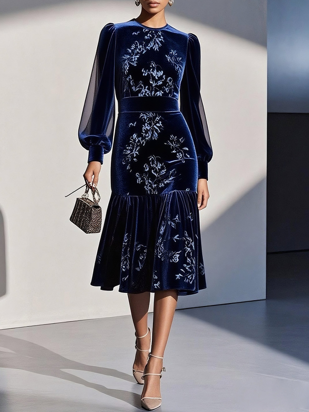 Black Mesh Jacquard Velvet Crew Neck Long Sleeve Balloon Sleeve Mermaid Midi Dress
