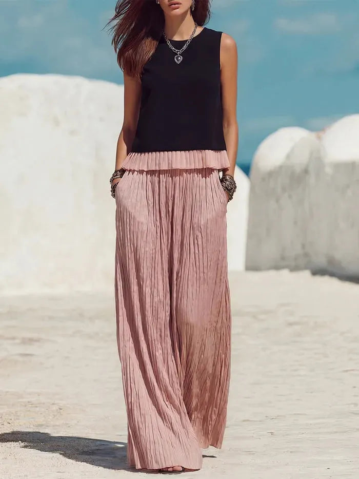 Casual Two-piece Set: Spliced, Pleated Linen & Cotton Top And Pleated Trousers