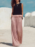 Casual Two-piece Set: Spliced, Pleated Linen & Cotton Top And Pleated Trousers