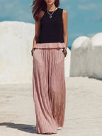 Casual Two-piece Set: Spliced, Pleated Linen & Cotton Top And Pleated Trousers