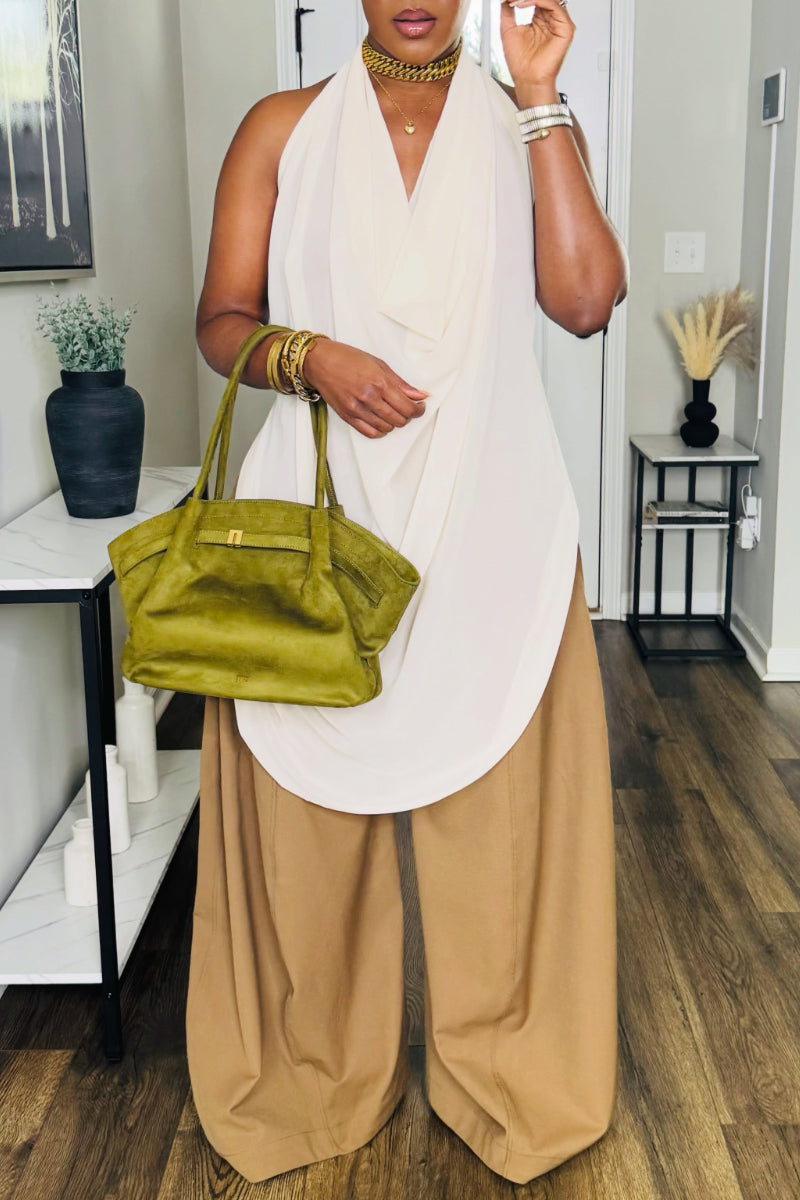 Halter Draped Tunic Top & Wide Leg Pants Two Piece Outfit