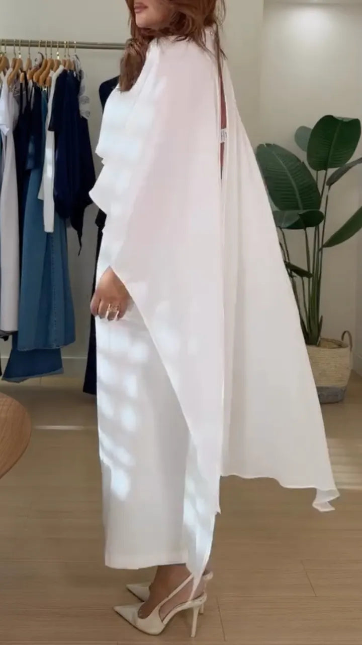White Cape Sleeve Midi Skirt Set