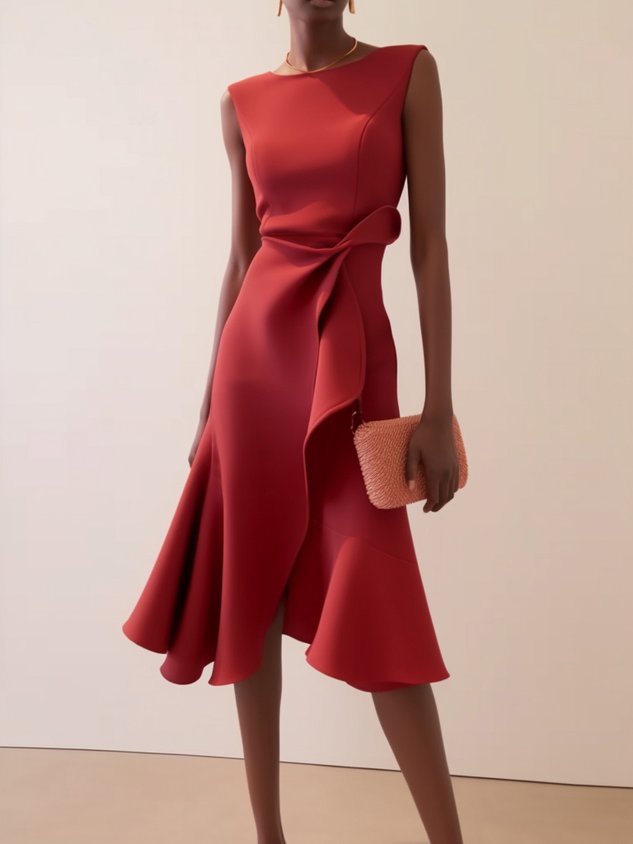 Purplish Blue Waist Twist Ruffled Sleeveless A-Line Midi Dress
