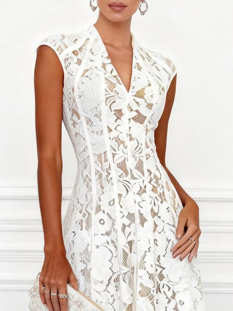 White Lace V Neck Sleeveless A-Line Midi Dress