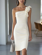 White Satin Dress with Shoulder Flower Detail